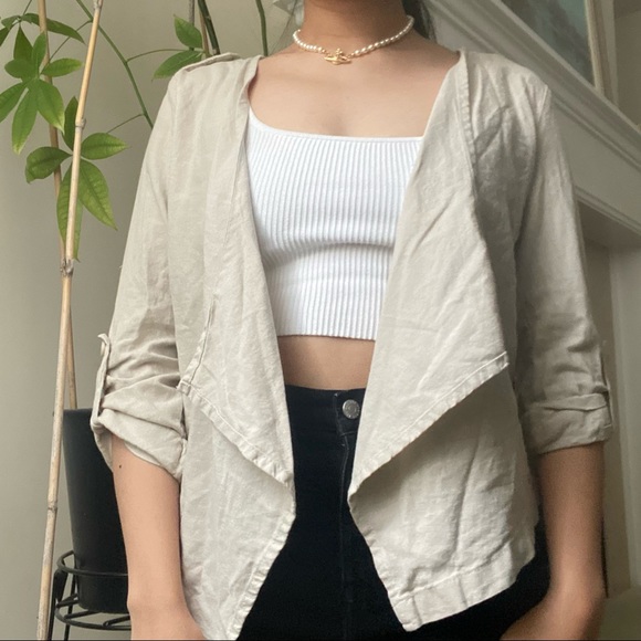 ASOS Beige Linen Open Waterfall Blazer Thin Jacket - Picture 9 of 9